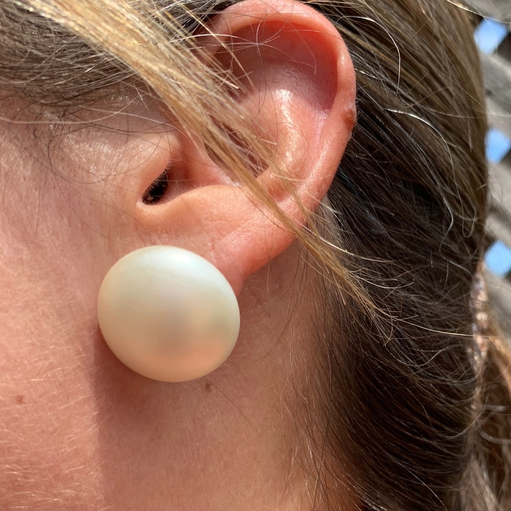 Vintage pair, large button pearl screw on earrings